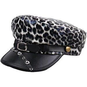 Women's Leopard Print Pu Leather Newsboy Hat Peaked Studded Punk Beret Cap